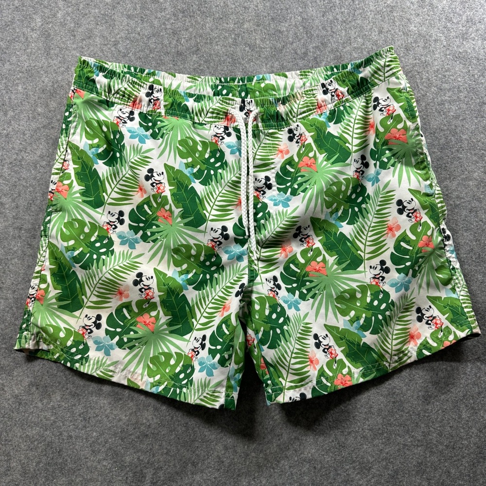 Disney Swim Trunks Men M Green Mickey Mouse Tropical Leaf Print Flaw